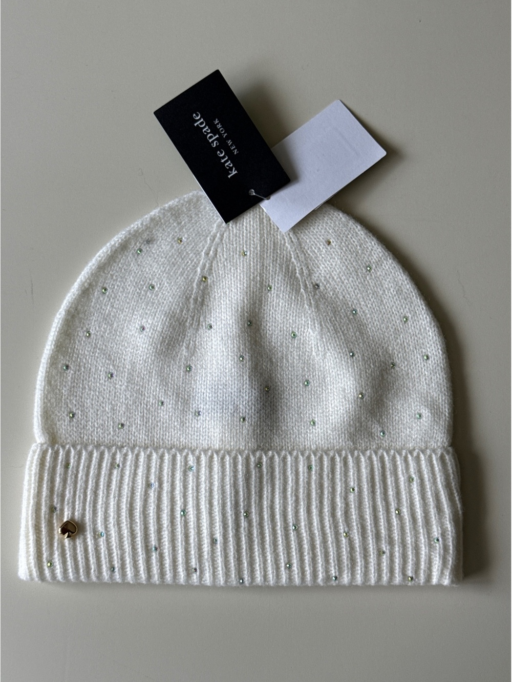 NWT Kate Spade New York White Flocked Spade Beanie with Rhinestones